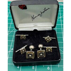 Kenneth L Lane Rhinestone and Enamel Cuff Link Set with Box